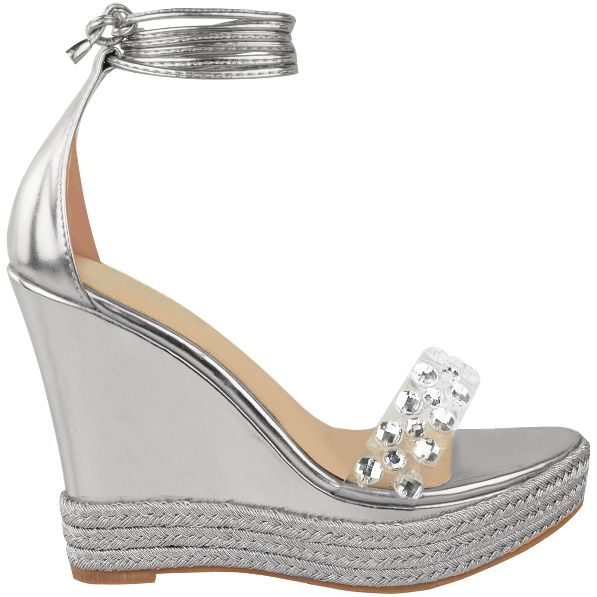 Womens Ladies Silver Jewelled Diamante High Wedge Espadrilles Ankle ...