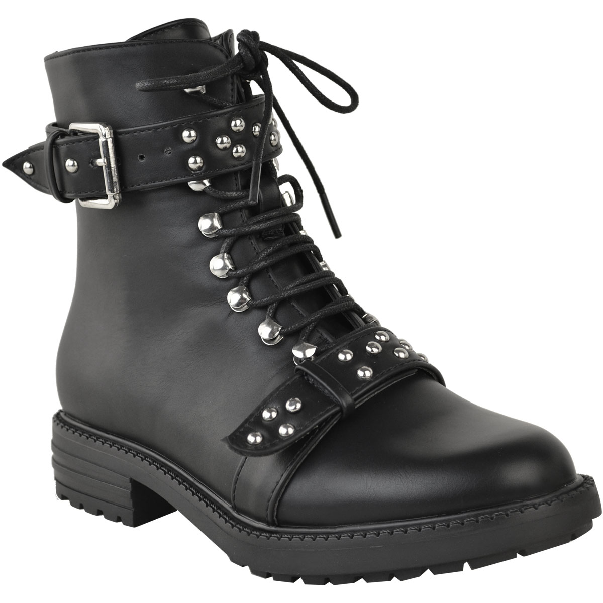 Womens Ankle Boots Ladies Army Combat Flat Grip Sole Studded Buckle ...