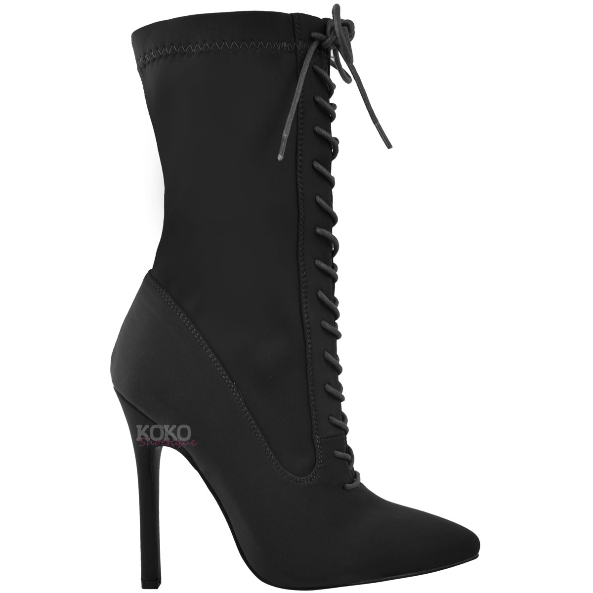 Womens Ladies Lace Up High Heel Stiletto Stretchy Lycra Ankle Boots ...