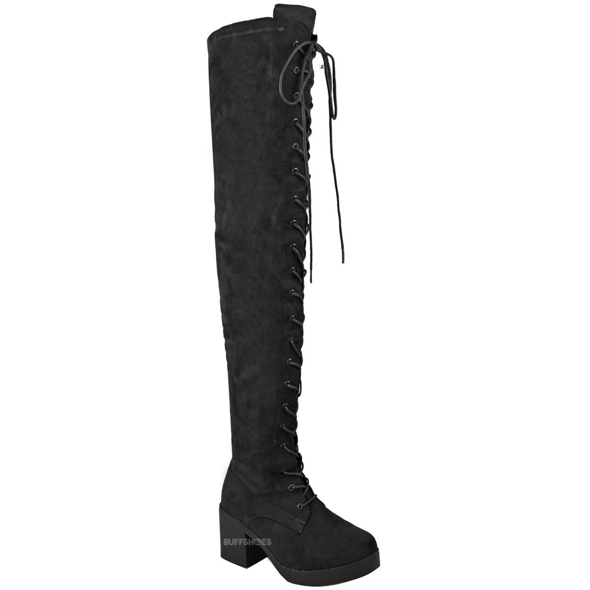 Womens Ladies Over The Knee Boots Lace Up Block Heel Thigh High Goth ...