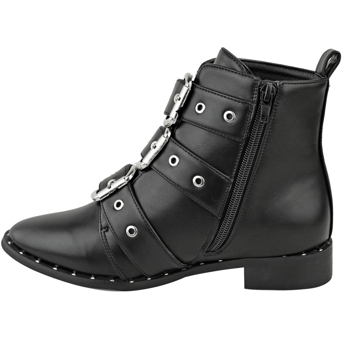 Womens Black Punk Biker Flat Ankle Boots Winter Strappy Studded Ladies ...