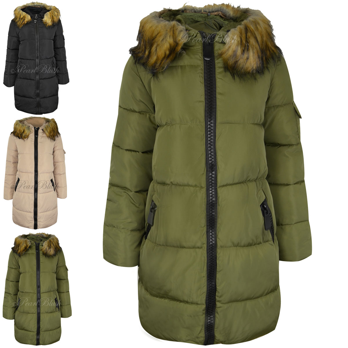 Womens Ladies Quilted Long Winter Coat Padded Puffer Fur Collar Hooded ...