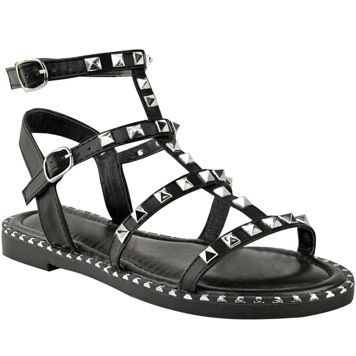Womens Ladies Flat Studded Sandals Summer Strappy Embellished Rock ...