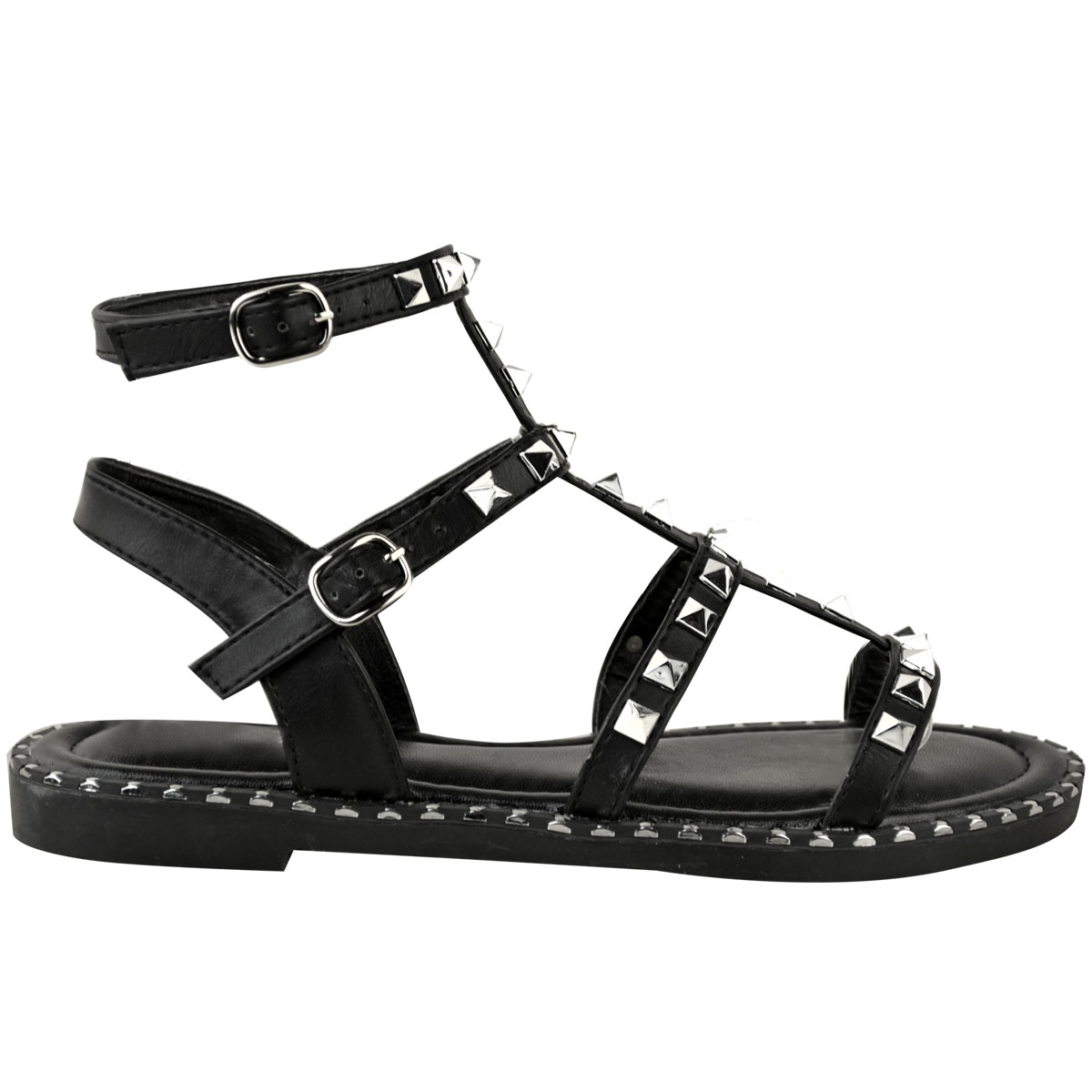 New Womens Studded Flat Gladiator Sandals Strappy Biker Goth Punk Shoes ...
