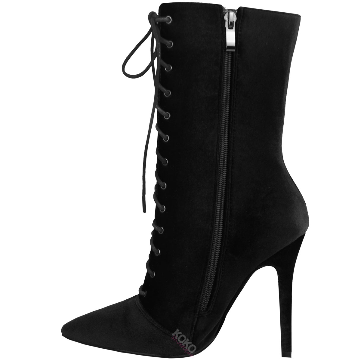 New Womens Ladies Lace Up Velvet High Heel Stiletto Ankle Boots Party ...