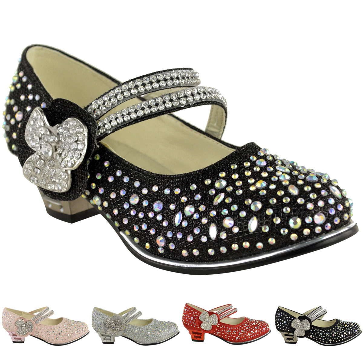 CHILDRENS GIRLS KIDS Low Mid High Heel Diamante Party Shoes Bridal ...