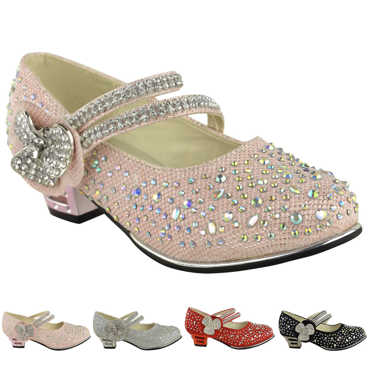 Childrens Girls Kids Low Mid High Heel Diamante Party Shoes Bridal ...
