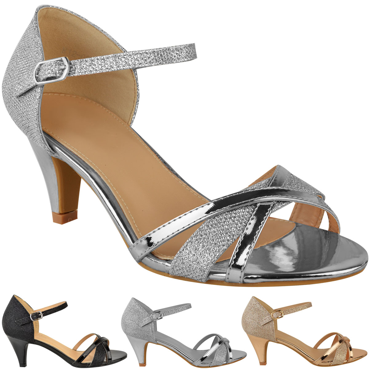 Womens Ladies Low Heel Wedding Bridal Silver Sandals Party Strappy ...