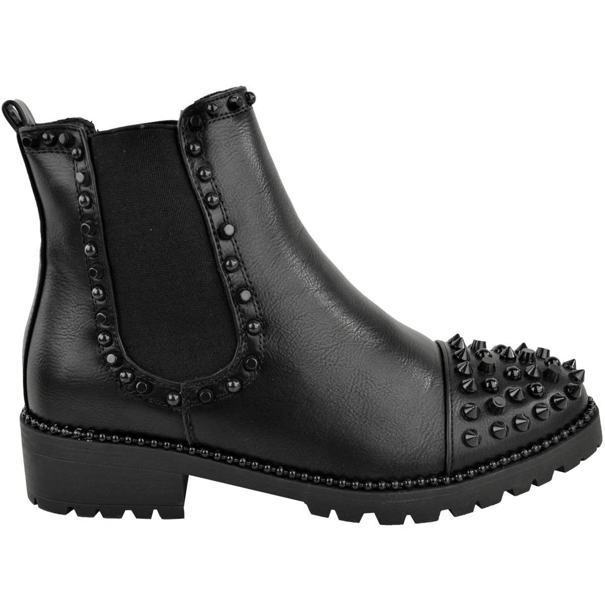 Womens Studded Stud Ankle Boots Spike Chunky Black Faux Leather Punk ...