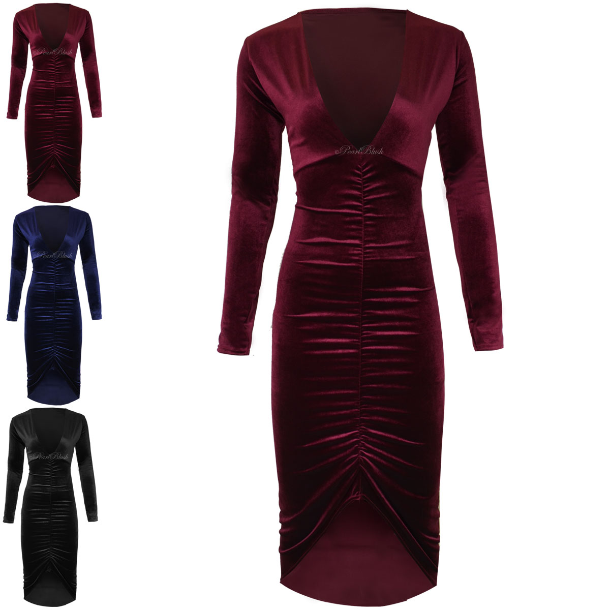 LADIES WOMENS NEW VELVET VELOUR PLUNGE NECK RUCHED DRESS PARTY BODYCON ...