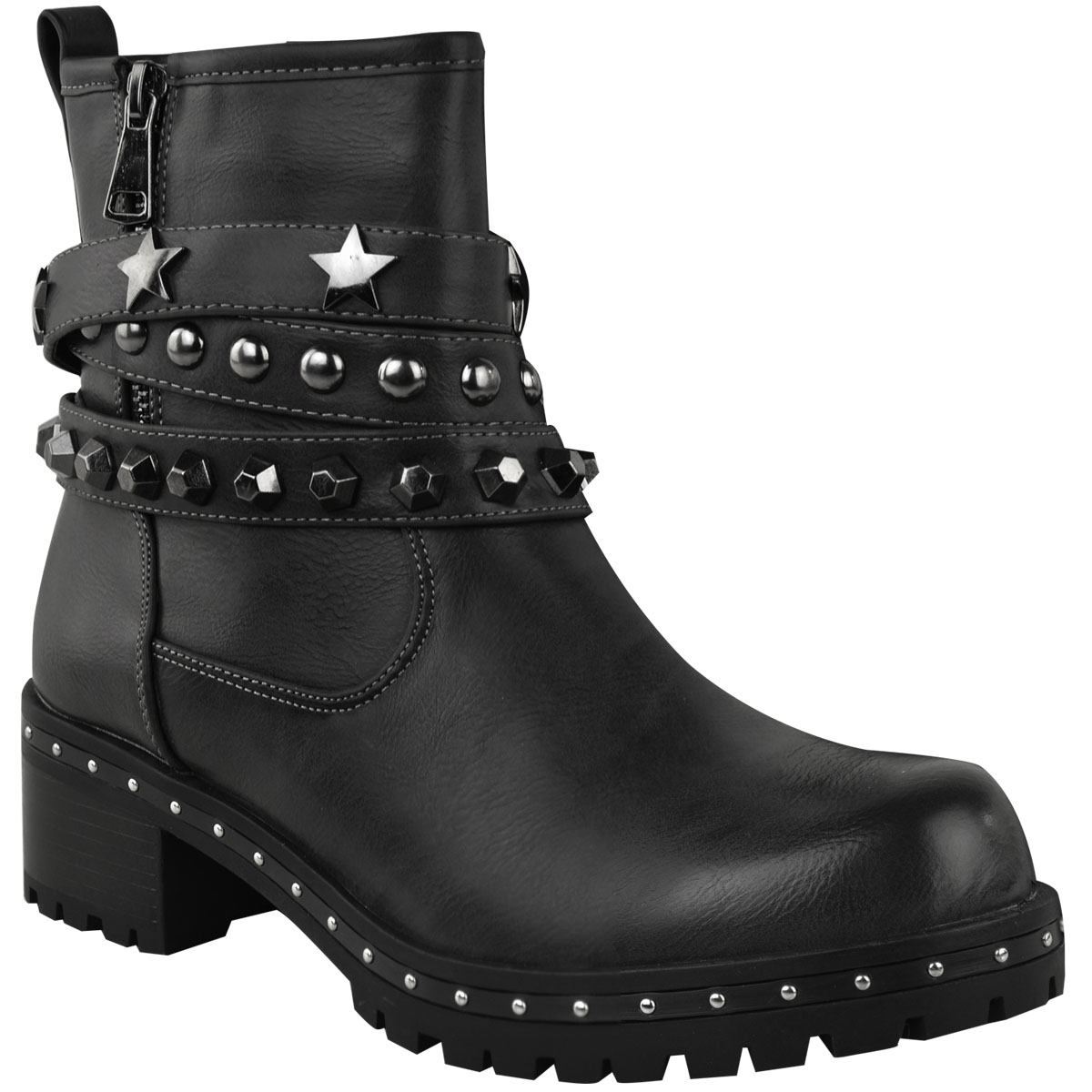 Womens Ladies Studded Flat Ankle Boots Spikes Biker Punk Chunky Winter ...